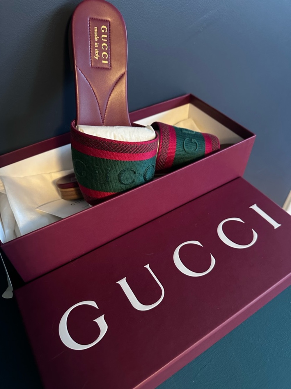 Gucci Burgundy Slides with Red and Green Web Stripe - Picture 6 of 13